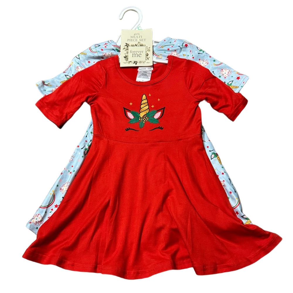 Forever Me Girls Multi Piece Set Red Unicorn Dress & Blue Unicorn Rainbow 2T